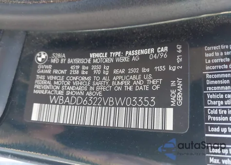 1997 BMW 528I из США, поврежденный, VIN WBADD6322VBW03353